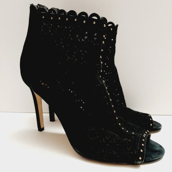 MARC FISHER Peep-Toe Stiletto Heel Ankle Bootie Perforated Black Suede Sz 8.5 M - Picture 2 of 16